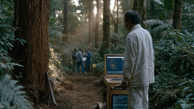 Field archaeologists in Ecuador lowering a laser ground-penetrating scanner across a jungle floor, monitors displaying subsurface anomaly readings, machete-cleared path behind