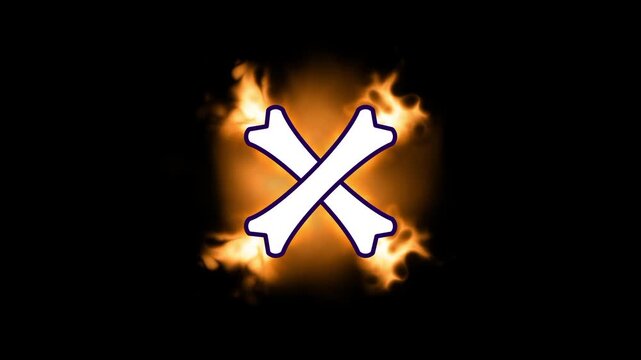 Two bones crossed in an X pattern with glowing fire and golden flames creating a skull and crossbones pirate warning symbol