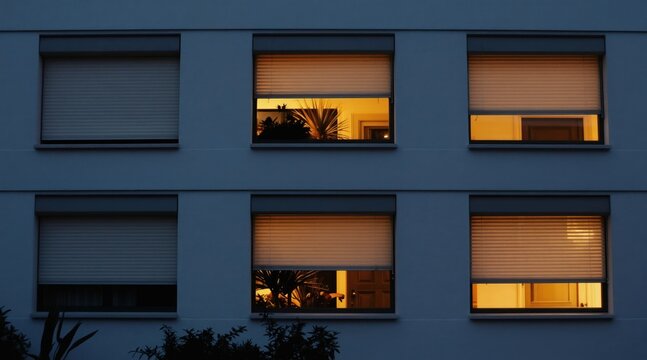 Building facade at night. Windows show warm interior light. Some windows have closed roller shutters for security and privacy. Exterior view of residential building at dusk.