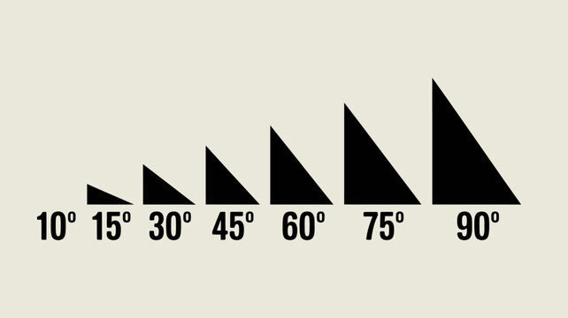 Set of geometric angle illustrations from 10 to 90 degrees