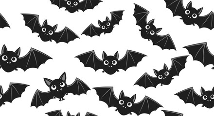 Fototapeta premium Seamless pattern of cute black bats with large eyes flying across a white background for halloween decorations and children party supplies.