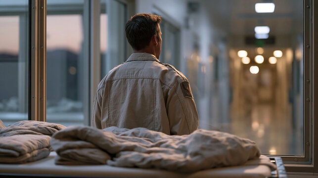 A corrections officer walks a sparse corridor inside an immigration holding facility at dusk, motion-sensor lights flickering on ahead, a row of cots and folded blankets visible
