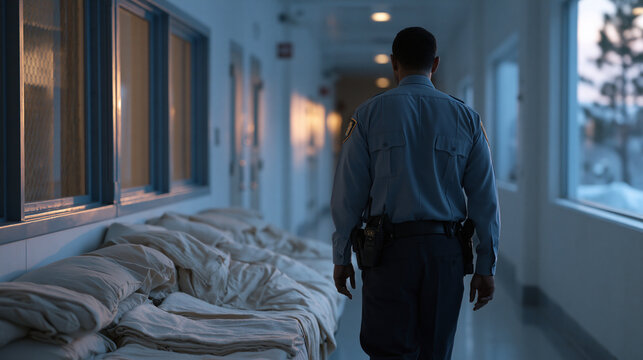 A corrections officer walks a sparse corridor inside an immigration holding facility at dusk, motion-sensor lights flickering on ahead, a row of cots and folded blankets visible