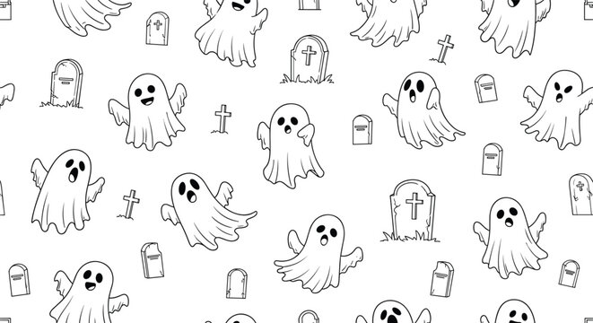 Spooky seamless pattern of friendly ghosts and weathered tombstones in a simple black and white line art style for classic halloween themes.