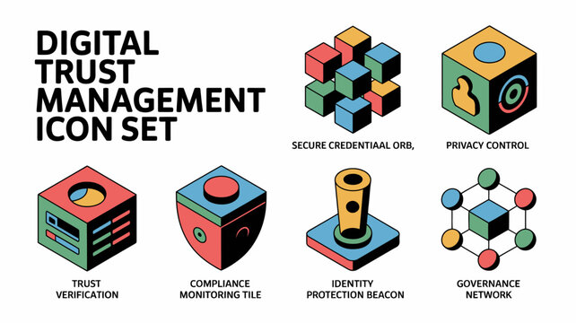 Colorful digital management and organization icon set with cubes and folders