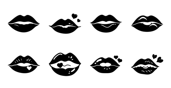 Black lip icons with heart symbols and kisses - Set of stylish black lip icons featuring hearts and kiss marks, perfect for romantic or social media designs.