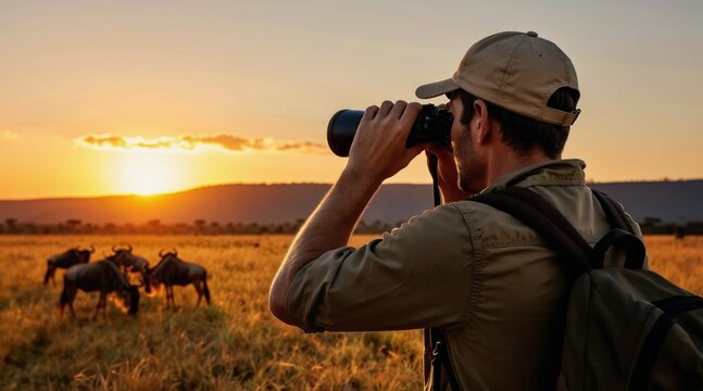 Man with binoculars observes wildebeest herd at sunset on African savanna. Person with backpack watches wildlife during golden hour in dry grass field, seeking animals.