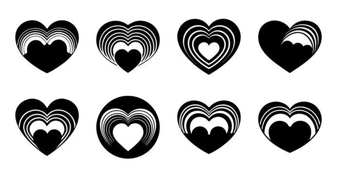 Black and white heart icons with different expressions - Set of playful black and white heart icons showing various funny and expressive faces for web and design use.