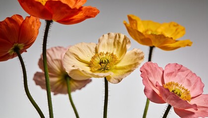 Obraz premium Close-up of vibrant Icelandic poppies in various pastel and bright colors blooming against a soft gray background