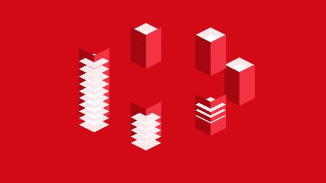 Isometric red data towers animation with dynamic layer expansion animation