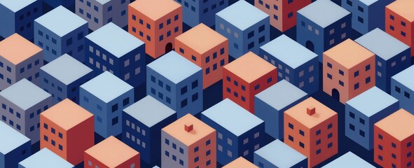 Naklejka premium Geometric stylized buildings create city block pattern. Cubes with windows form urban landscape, residential area design. Simple shapes in blue, orange, grey.