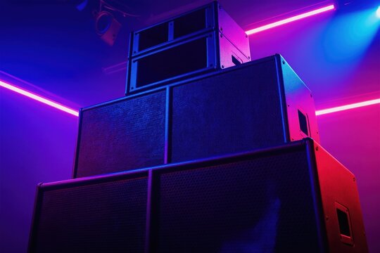 Towering stack of loudspeakers at concert venue. Neon lights glow pink and blue around massive audio equipment. Powerful sound system ready for music performance, club DJ set.