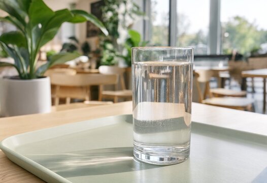 Clear glass of water on green tray placed on wooden table in bright modern caf&eacute; interior with plants, natural light, calm minimal aesthetic atmosphere.