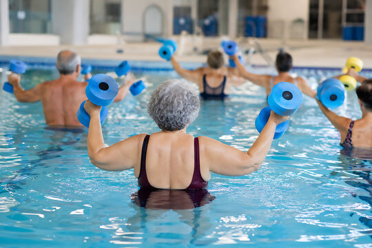 Senior aqua fitness class following instructor in indoor swimming pool