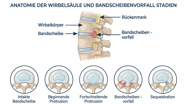Human spine anatomy vector illustration with intervertebral disc degeneration stages, herniated disc progression, medical healthcare diagram, clinical diagnostic icons, back pain treatment design elem