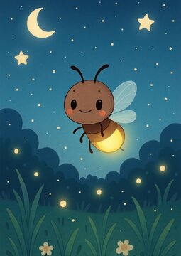 Cute firefly under starry sky.