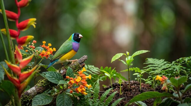 Colorful bird perched on a branch in tropical rainforest setting