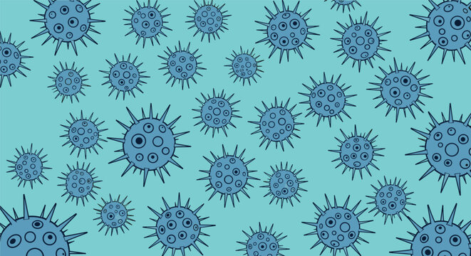 Scientific seamless pattern with blue virus molecules and bacteria icons on a teal background for medical and health awareness.