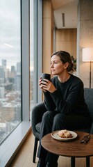 Fototapeta premium Woman drinking coffee by office window with city view. Concept of mindful break, workday pause, executive lifestyle, urban office routine, quiet reflection.