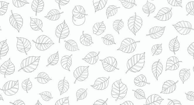 Delicate and simple line drawing of scattered small leaves forming a light and airy seamless pattern for botanical themed backgrounds.