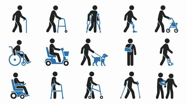 Mobility aids vector illustration with cane, walker, crutches, wheelchair, scooter, prosthetic leg, guide dog, assistive devices icons, disability support design elements, isolated healthcare graphic 