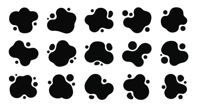 Set of 15 black abstract organic blob shapes and irregular liquid forms isolated on white background. Minimalist fluid graphic design elements for modern vector-style compositions.