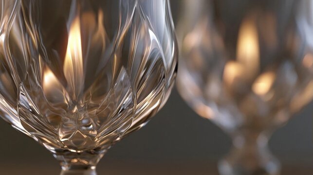 Close-up of two wine glasses. the glasses are made of clear glass and have a diamond-like pattern on the surface. the background is blurred, making the glasses the focal point of the image.