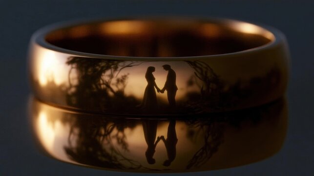 Close-up of a gold ring with a silhouette of a couple holding hands. the ring is placed on a reflective surface, creating a mirror-like effect.