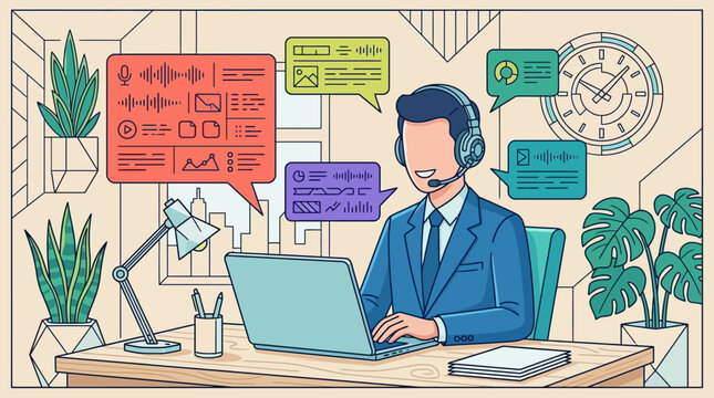 customer service agent with headset typing on laptop providing online support in modern office surrounded by digital communication.