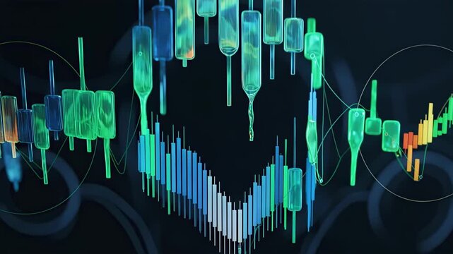 Medium shot view of a crypto trading backtesting software with dynamic candlestick charts sharp in focus and the surrounding interface elements elegantly blurred.
