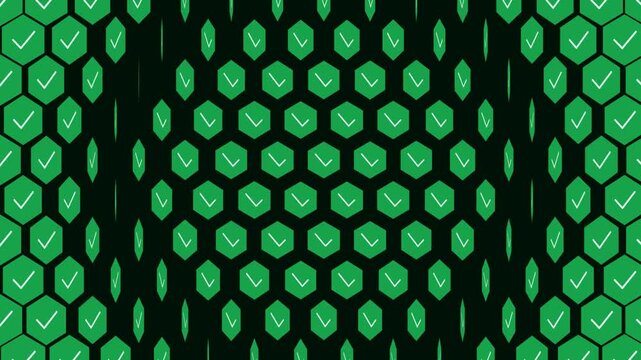 Green hexagon checkmark pattern animation, abstract tech animation background