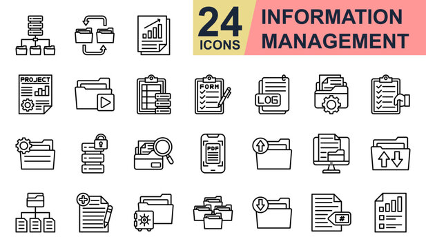 Information Management Icons set vector illustration. Containing File Storage, Report Chart, Data Table, File Manager, Data Security and more. Simple line icons collection.