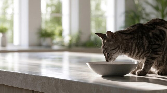 Cat sitting on a kitchen countertop and drinking water from a white bowl. the cat is facing towards the right side of the image and appears to be nibbling on the water.