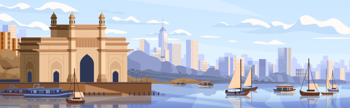 Gateway of India Mumbai travel landmark cityscape waterfront boats modern skyline blue sky urban tourism concept panoramic banner