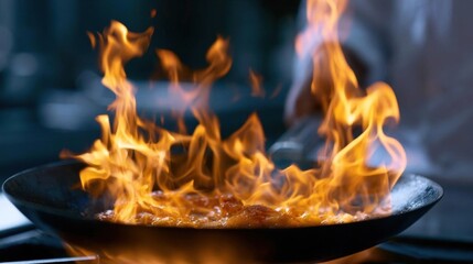 Fototapeta premium Frying pan on a gas stove with flames burning inside. the pan is black and appears to be made of metal. the flames are bright orange and yellow, and they are dancing and flickering.