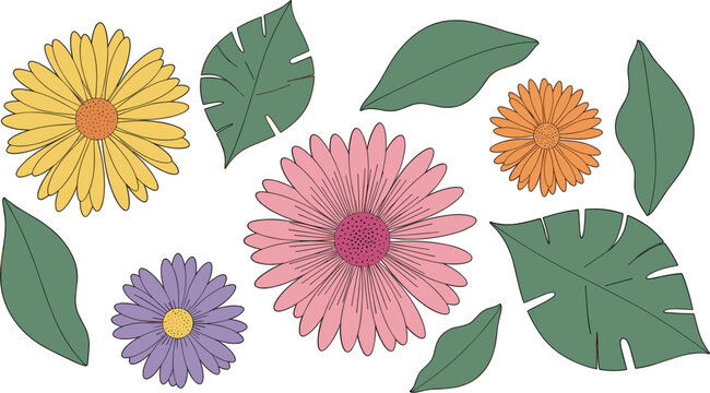 Flat Floral Illustration Set with Colorful Flowers and Tropical Leaves on White Background Decorative Botanical Elements Vector DesignFlat Floral Illustration Set with Colorful Flowers and Tro
