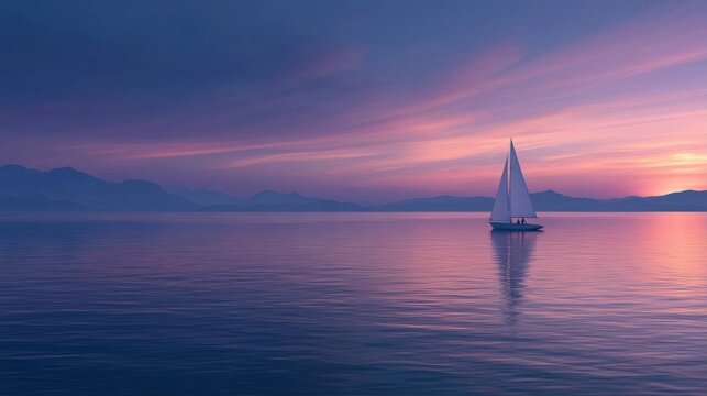 Beautiful landscape photograph of a sailboat sailing on the ocean at sunset. the sky is a gradient of pink, purple, and blue, with the sun setting on the horizon.