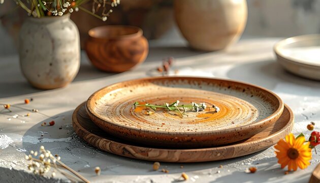 Elegant ceramic plates with soup on a rustic table setting