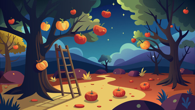 Surreal autumn pumpkin orchard at night with wooden ladder landscape halloween vegetable illustration agriculture seasonal countryside colorful environment background vegetation twilight