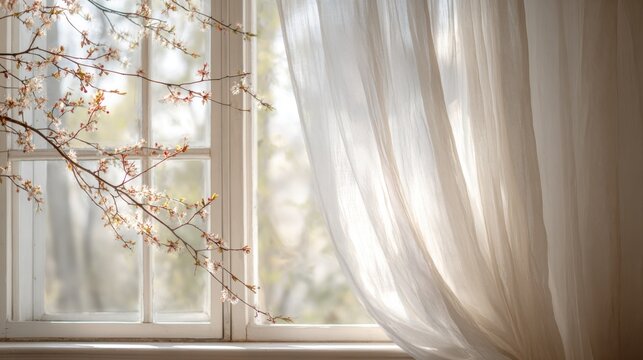 Delicate cherry blossoms frame a sunlit window with flowing sheer curtains. A gentle spring breeze rustles the sheer curtains as blooming branches peek through the window pane