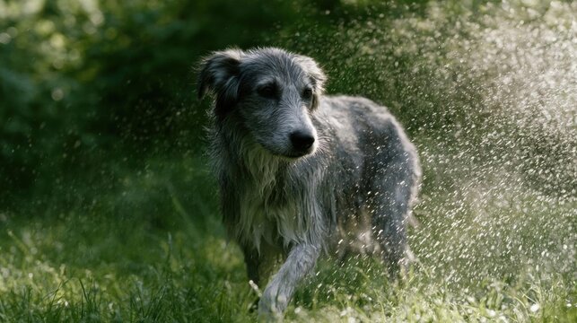 Dog running through a grassy field. the dog appears to be a scottish deerhound, with a long, shaggy coat of fur covering its body. it is running with its front legs stretched out and its tail wagging.