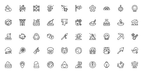Fototapeta premium Arctic and Antarctic icon set. Polar vector icons pack. Minimalist line art. Includes symbols for snow, igloo, penguin, polar bear, glacier, northern lights and more. Editable vector stroke.