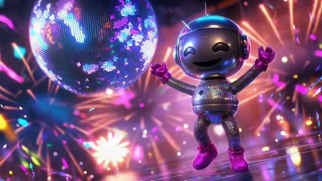 Happy cartoon robot dancing at a glittering disco party with fireworks and neon lights