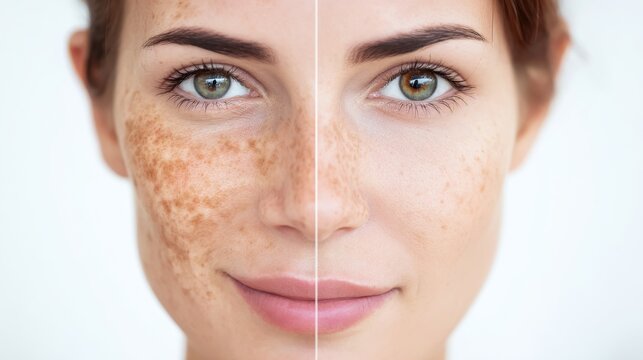 Woman face before and after pigment spot treatment. Comparison of skin with hyperpigmentation and clean face. Cosmetology procedure, aesthetic medicine and skincare concept for beauty.