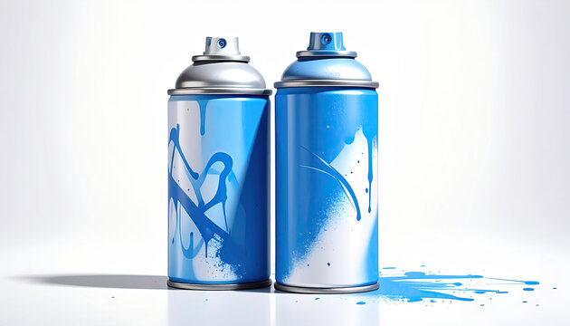 Two spray paint cans with blue paint splashes on white background