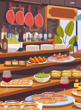 Spanish tapas bar traditional food counter wine ham olives pintxos plates glasses bottles interior restaurant colorful flat design