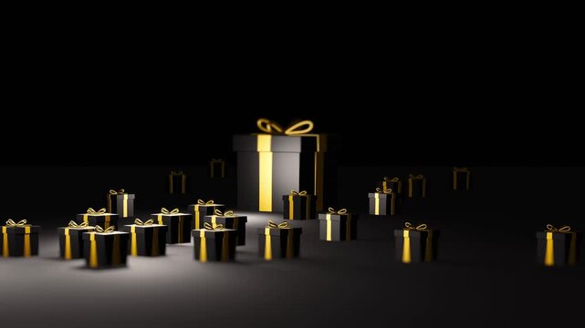Black Friday sale with rows of gifts falling on black background