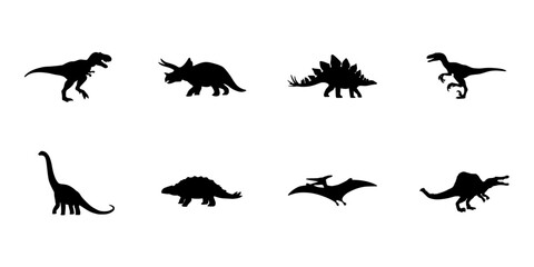 Fototapeta premium Dinosaurs in Black Silhouettes Standing in Various Poses Featuring Prehistoric, Creatures, Reptiles with Fossil and Ancient Elements for Extinction
