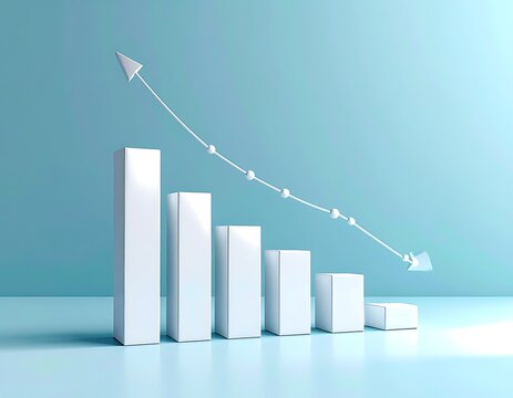 A bar graph with decreasing trend line and arrow