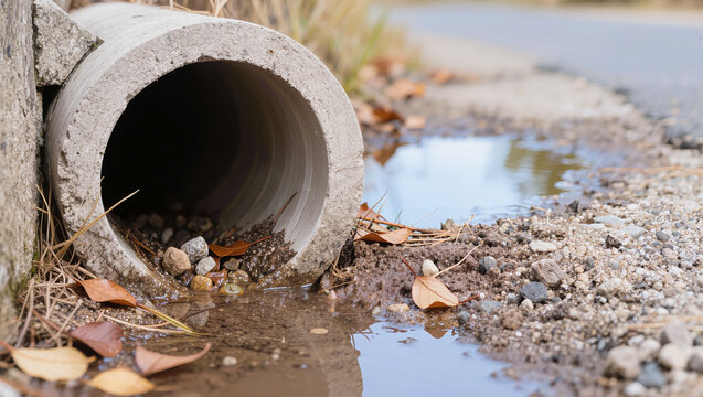 Concrete storm drain pipe after rain with water runoff and scattered leaves on the ground, representing stormwater infrastructure and environmental drainage